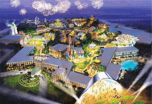 Aerial rendering of the 20th Century Fox World theme park resort master plan