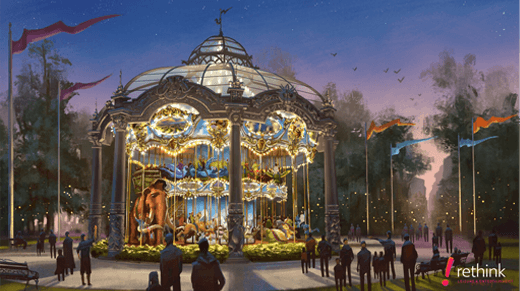 Park entry pavilion rendering at dusk