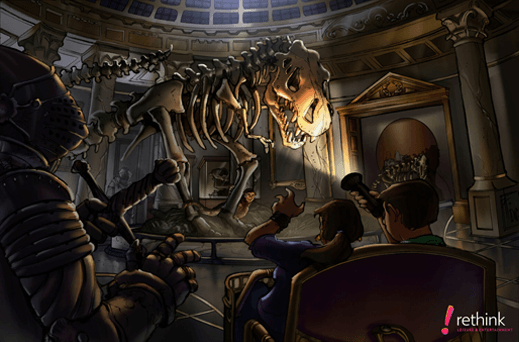 Interior rendering of a natural history museum scene with a dinosaur skeleton