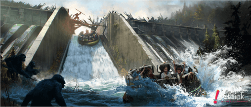 River rapids ride rendering with a giant ape above the flume