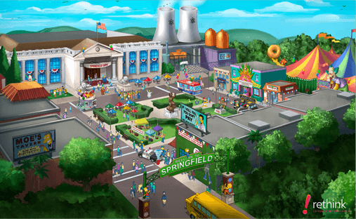 Bird's-eye rendering of the Springfield themed land