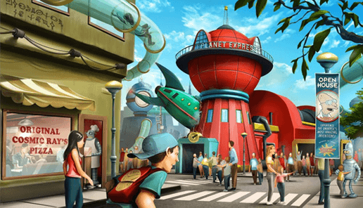 Street-level rendering of a futuristic themed land with a domed delivery building