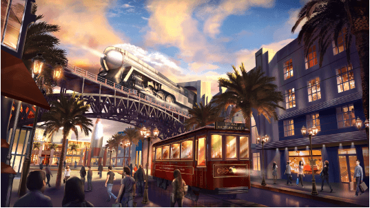 Evening rendering of a hotel street with a monorail and trolley