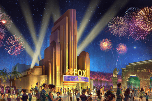 Nighttime entertainment plaza rendering with searchlights and fireworks